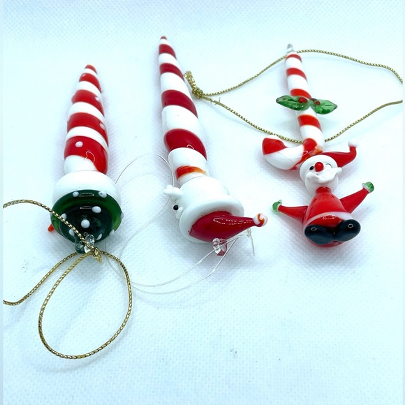 Set of 3 Glass Ornaments. Candy Cane Themed with Characters. - Picture 4 of 5